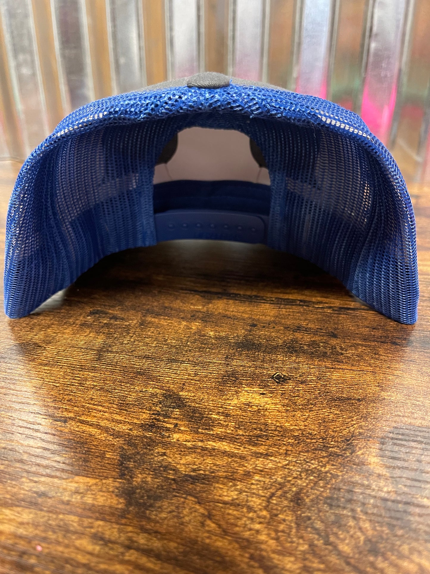 Grey/blue trucker hat custom leather patch