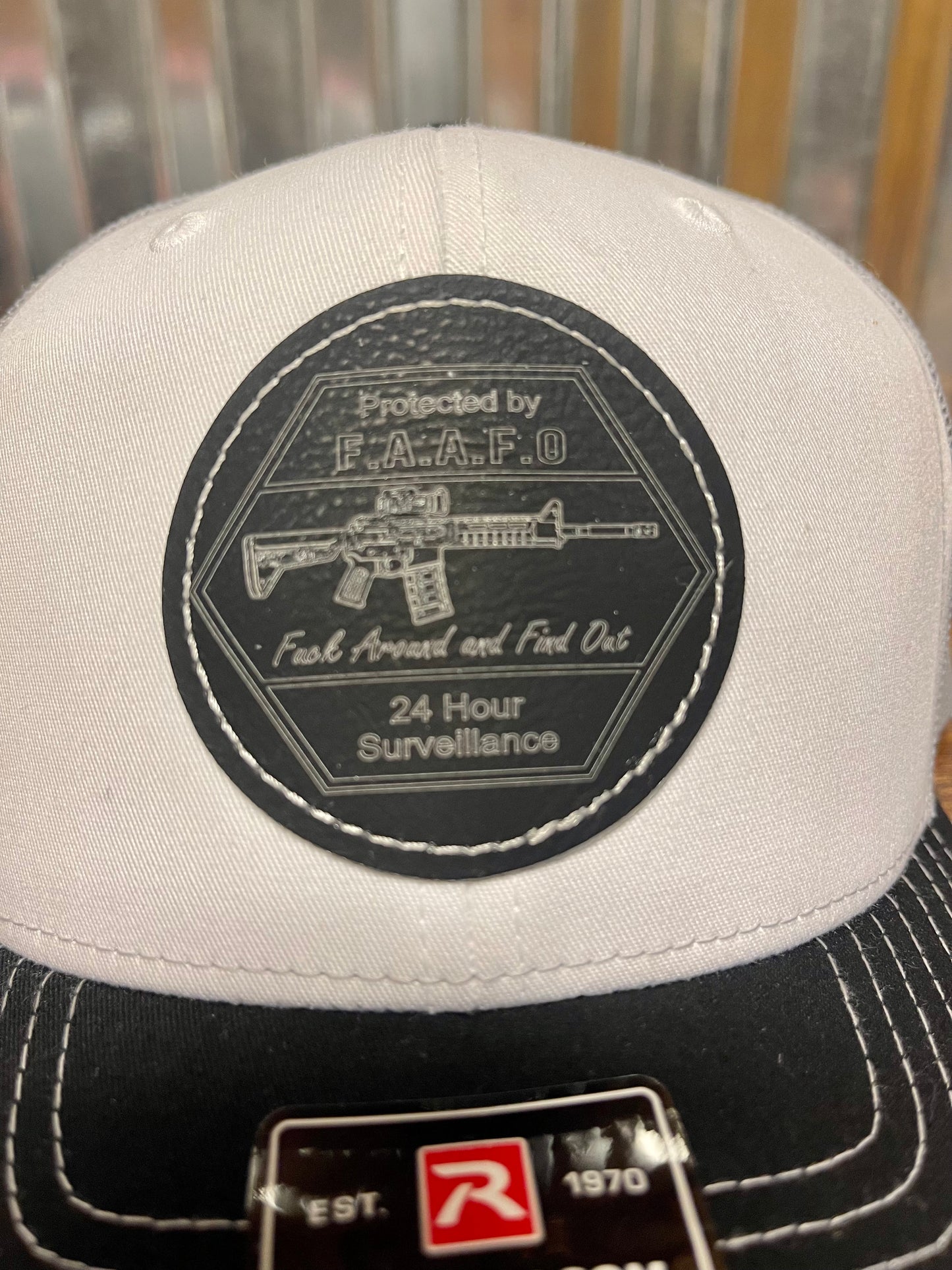 Trucker hat custom leather patch (FAFO) white/silver/black Richardson 112