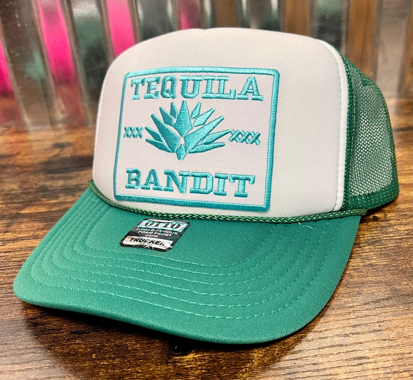 Otto trucker hat green/white custom tequila bandit patch