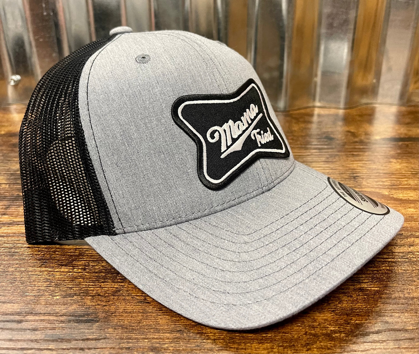 Snapback custom trucker hat (mama tried embroidered patch) grey/black