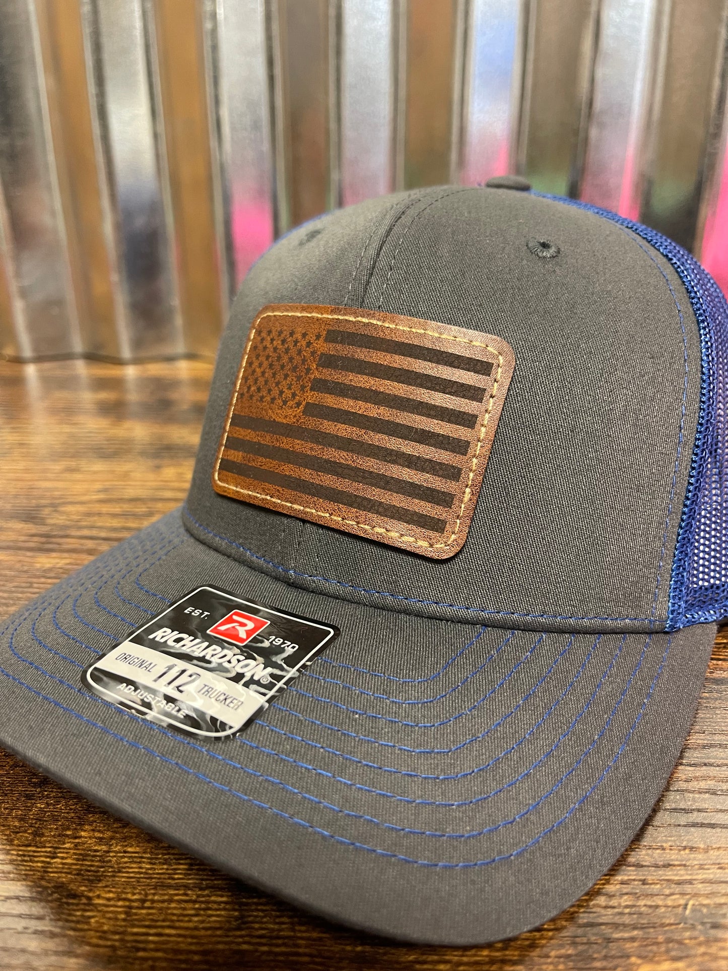 Grey/blue trucker hat custom leather patch