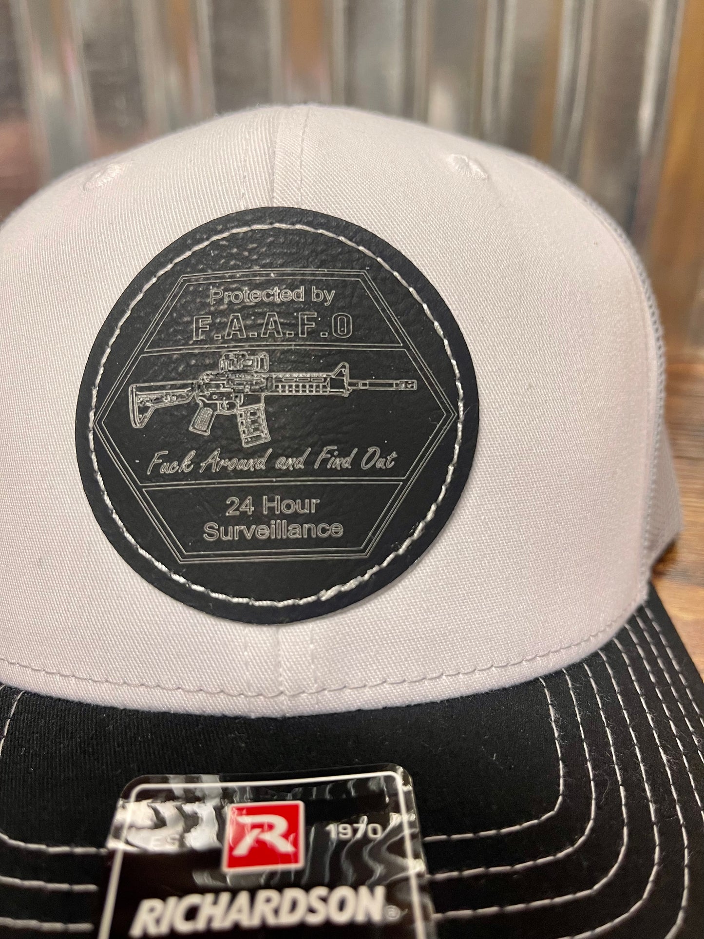 Trucker hat custom leather patch (FAFO) white/silver/black Richardson 112