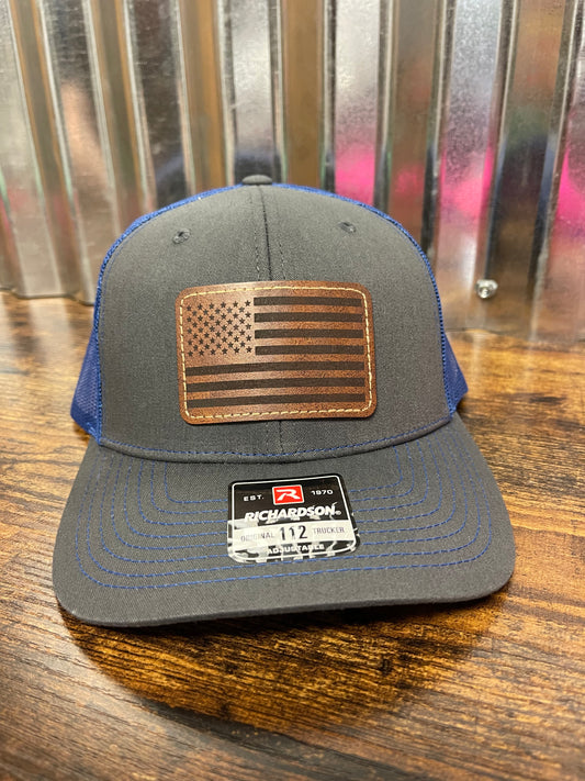 Grey/blue trucker hat custom leather patch