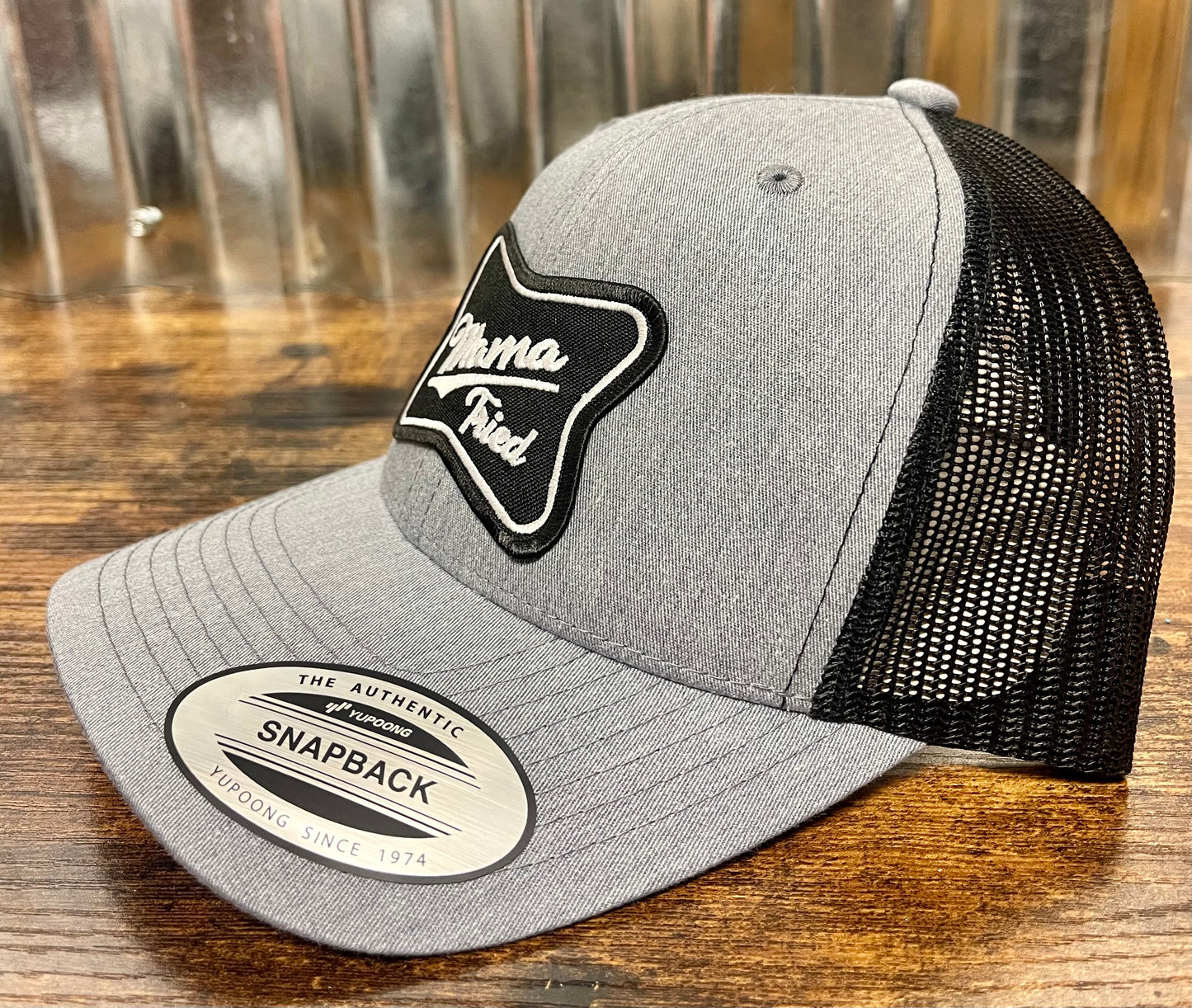 Snapback custom trucker hat (mama tried embroidered patch) grey/black