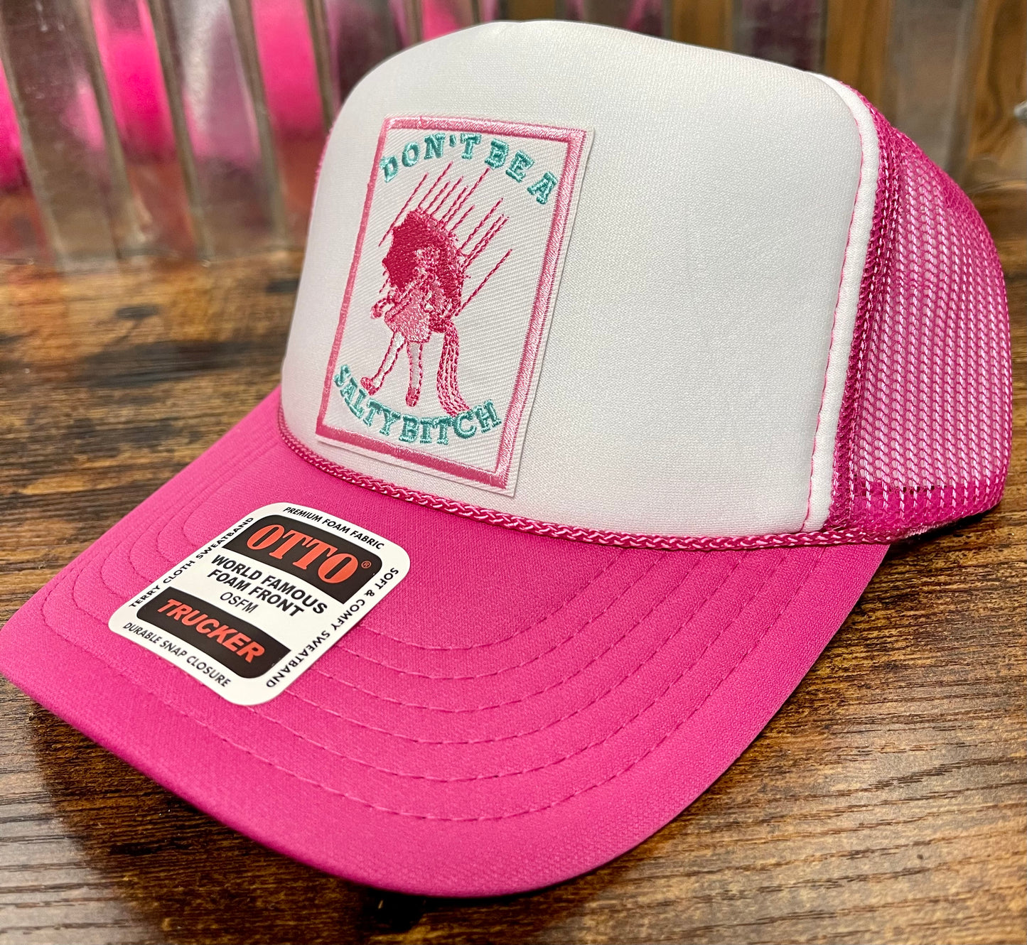 Otto pink/white trucker hat (salty) custom patch