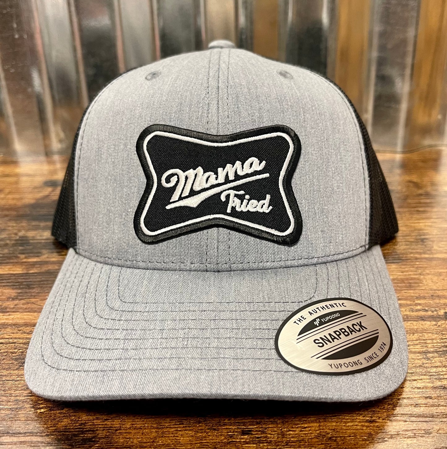 Snapback custom trucker hat (mama tried embroidered patch) grey/black