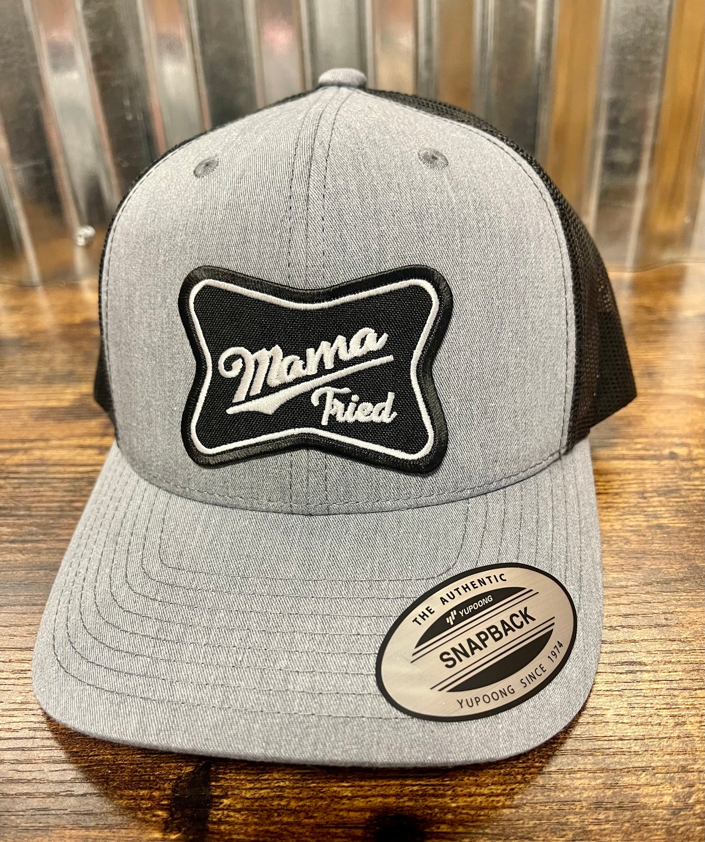 Snapback custom trucker hat (mama tried embroidered patch) grey/black