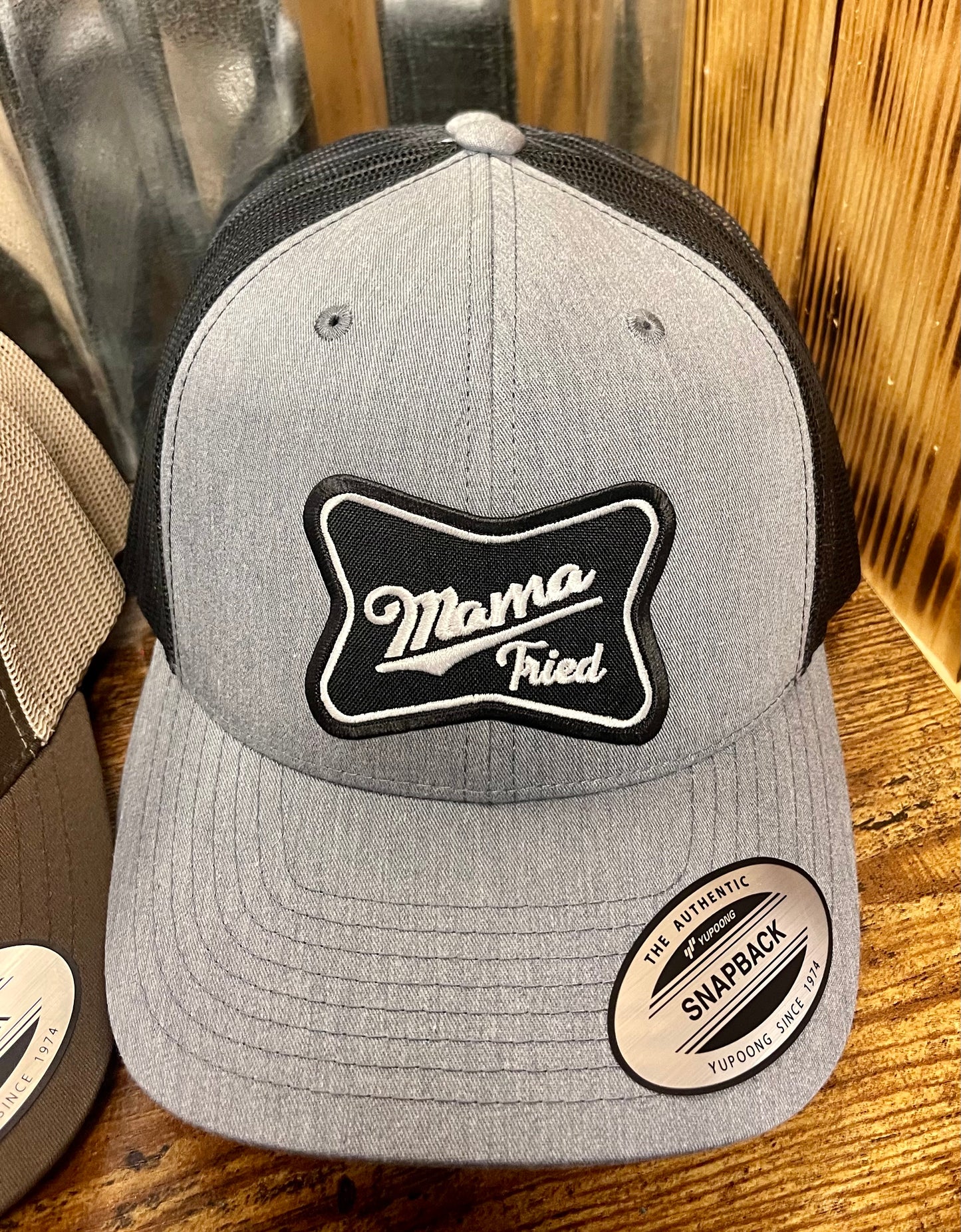 Snapback custom trucker hat (mama tried embroidered patch) grey/black