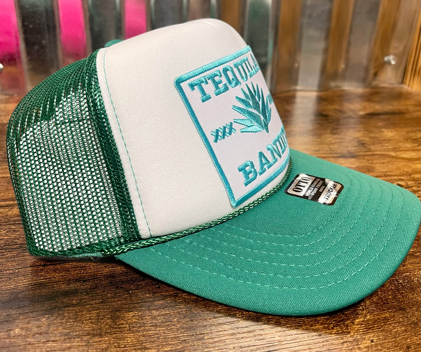 Otto trucker hat green/white custom tequila bandit patch