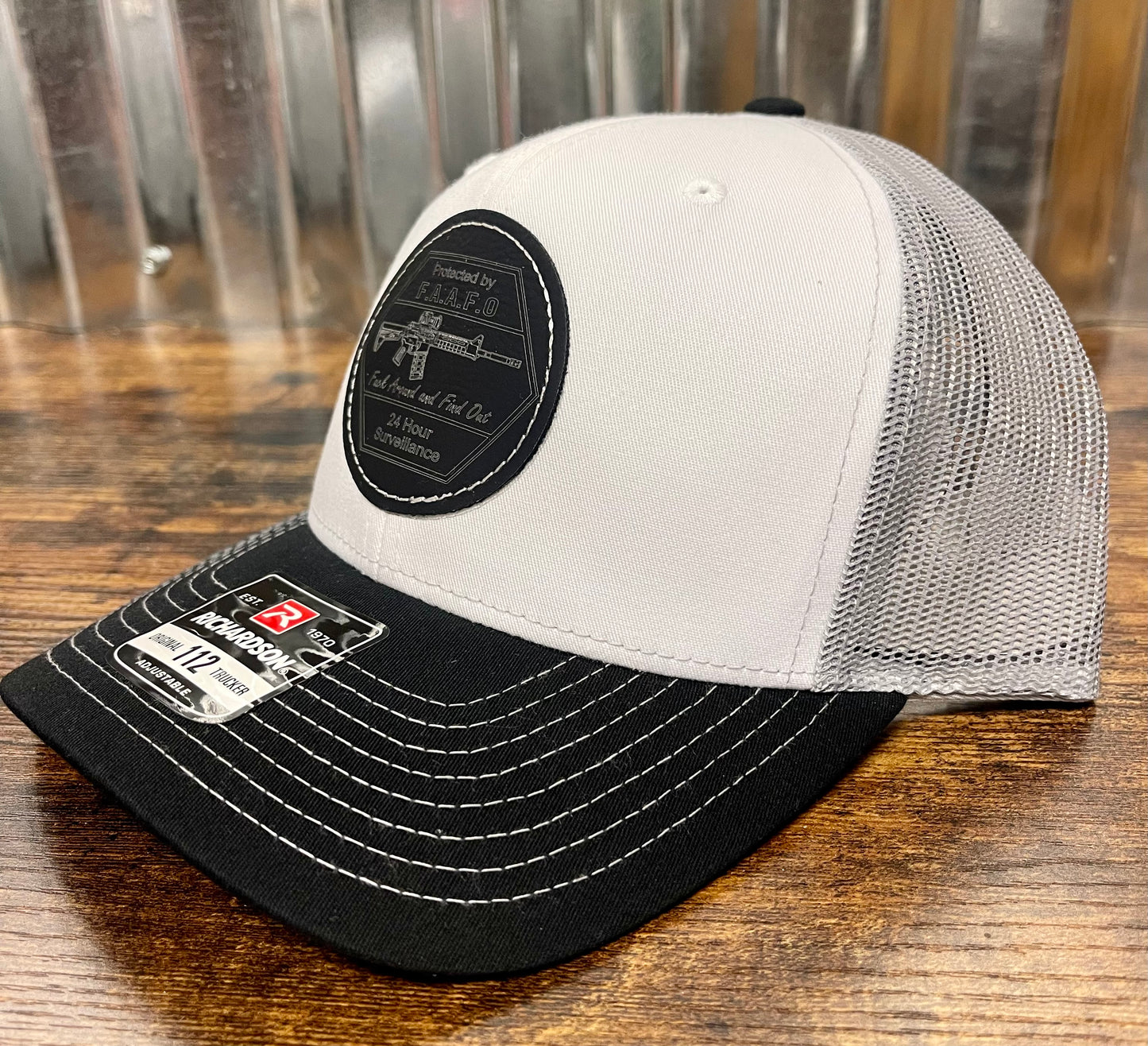 Trucker hat custom leather patch (FAFO) white/silver/black Richardson 112