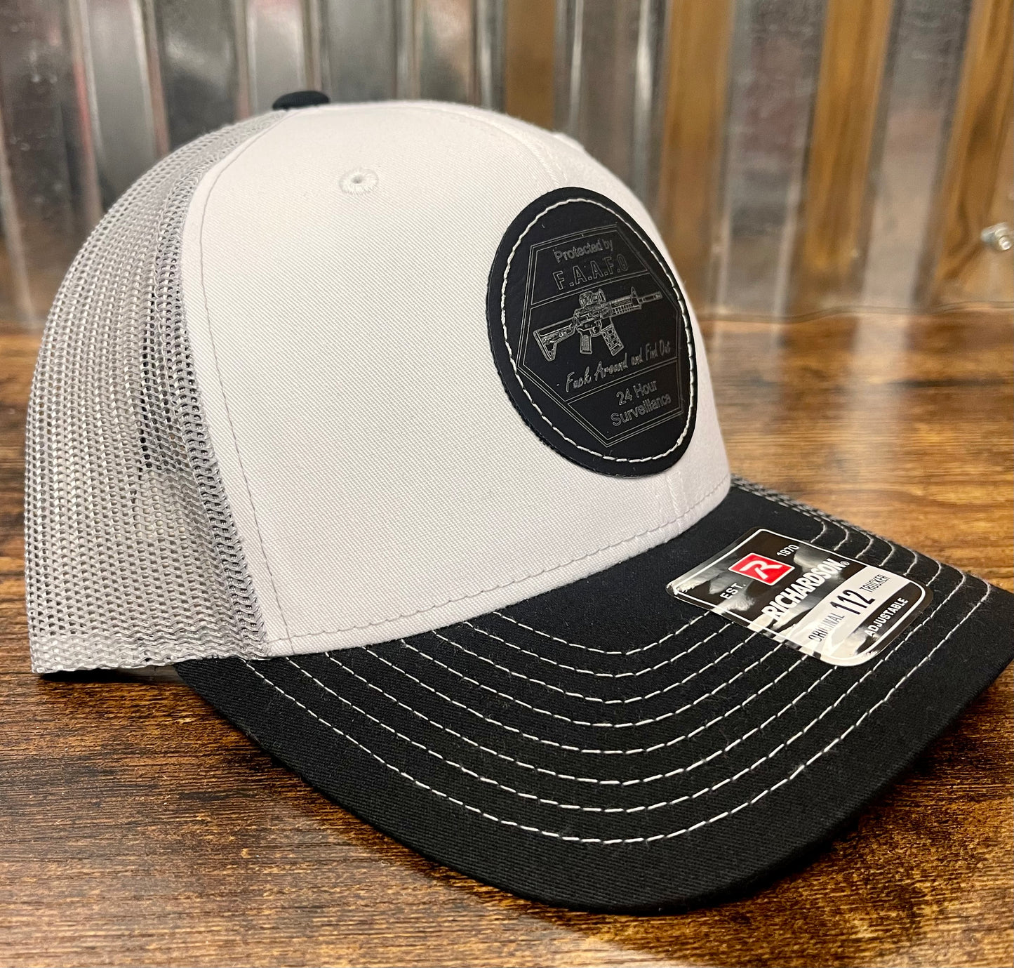 Trucker hat custom leather patch (FAFO) white/silver/black Richardson 112