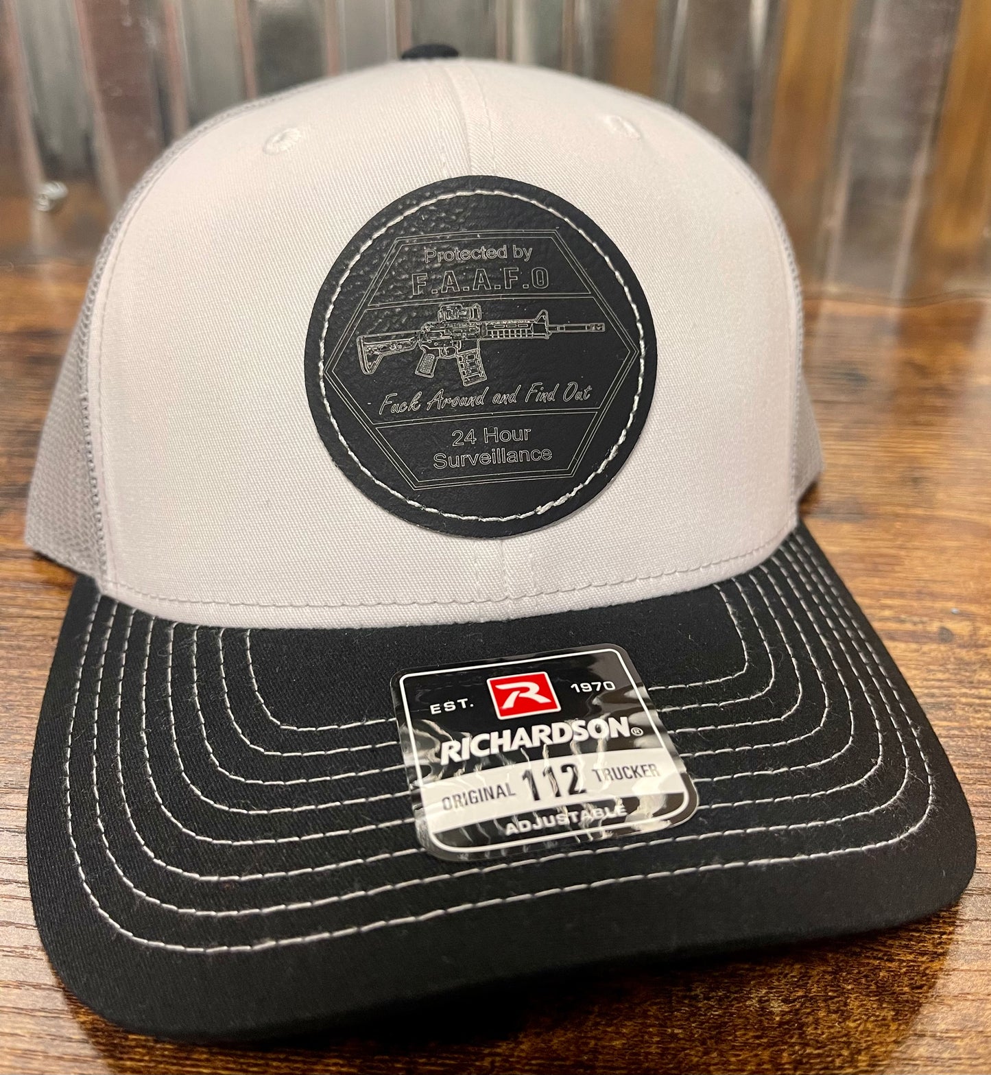 Trucker hat custom leather patch (FAFO) white/silver/black Richardson 112