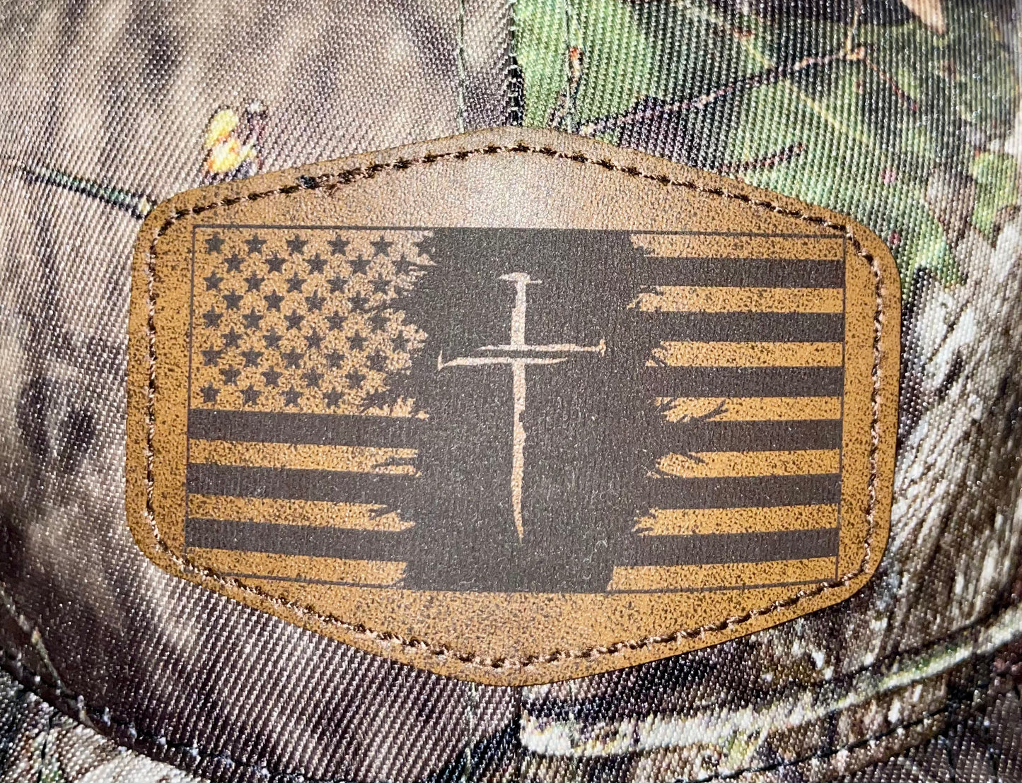 USA Flag and Cross Design Patch Mossy Oak Hat