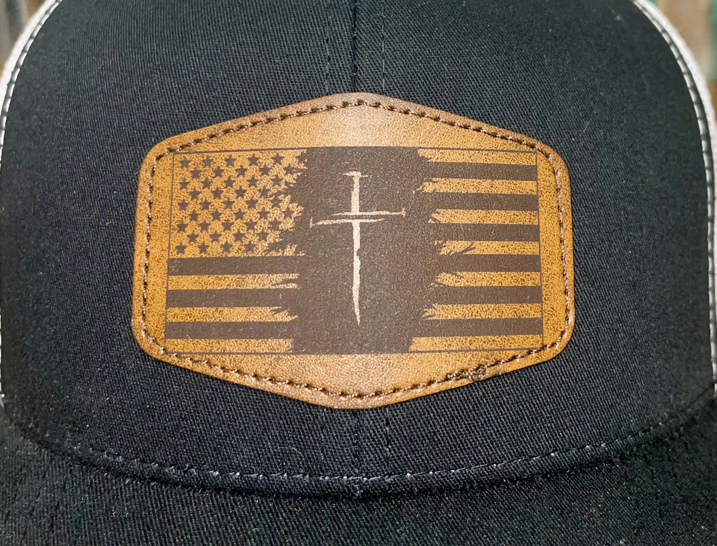 Cross and USA Flag Patch Hat Snapback (Black and White)