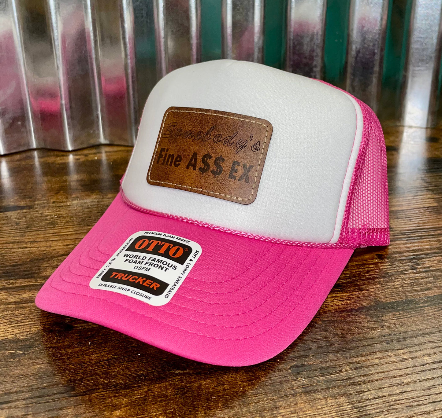 “Somebody’s Fine a$$ Ex” Patch Women’s Trucker Hat Otto (Pink & White)