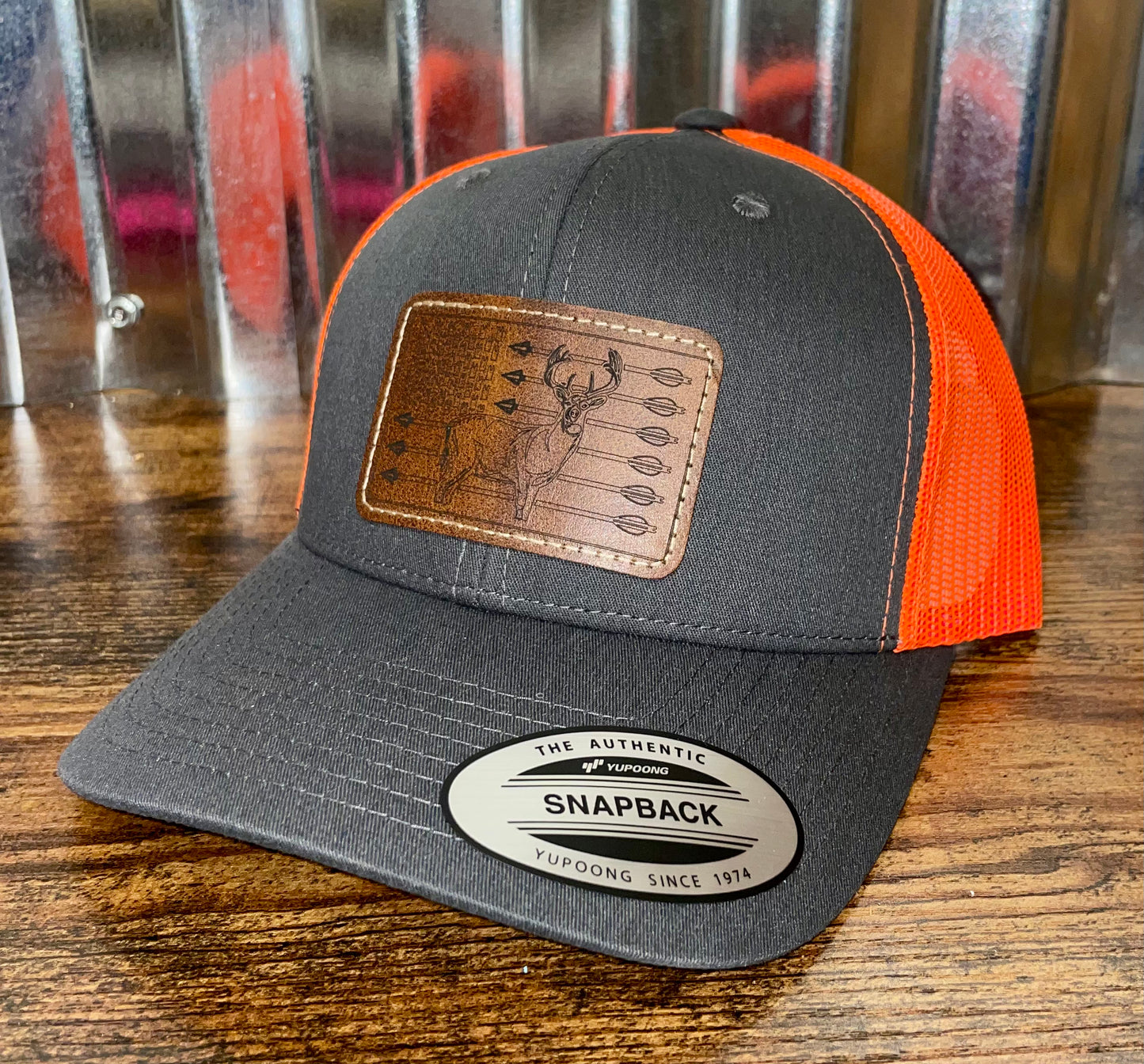 Deer USA Flag Custom Patch Snapback Hat (Orange and Gray)