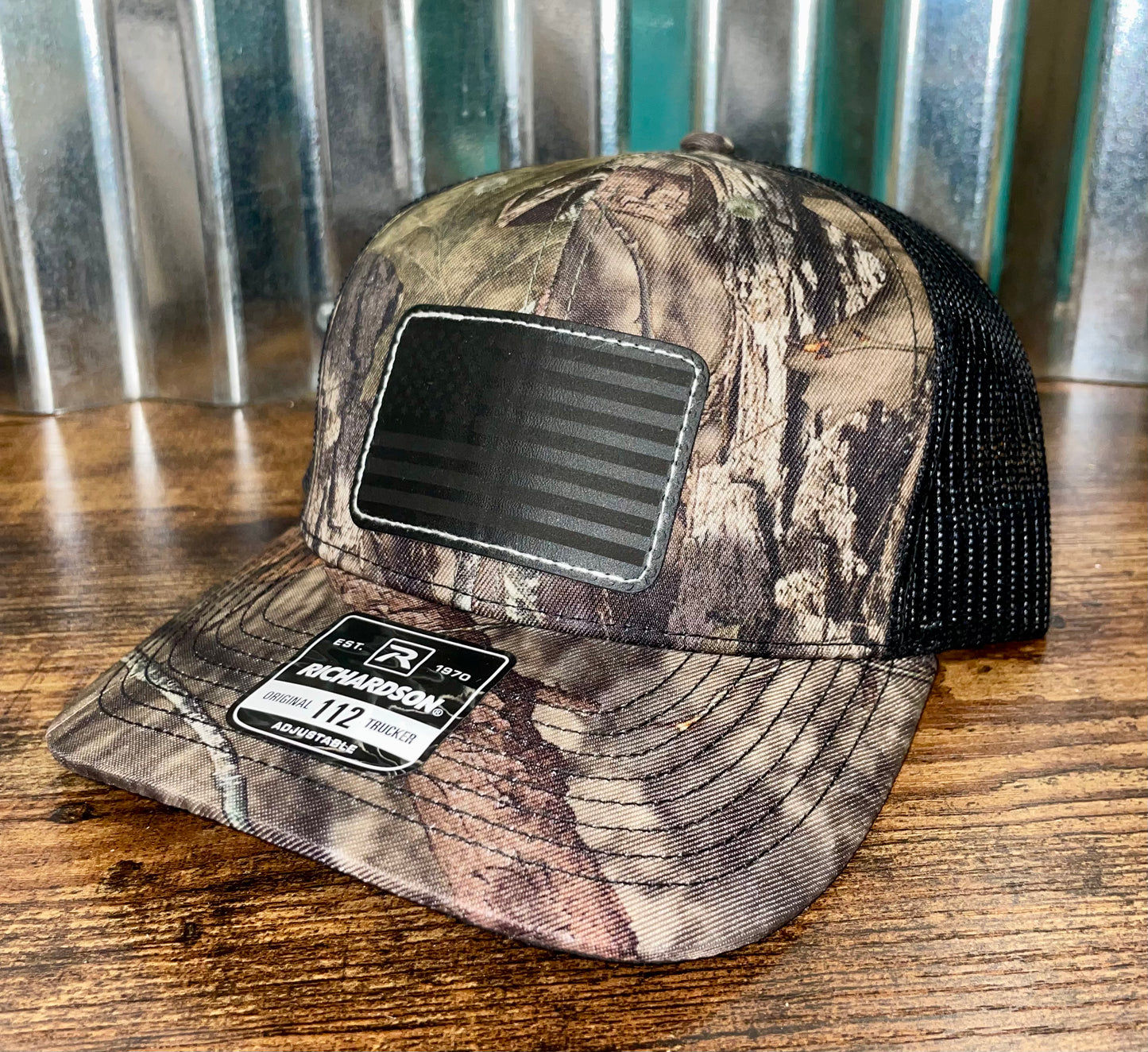 Black USA Flag Patch Mossy Oak Hat (Camo)