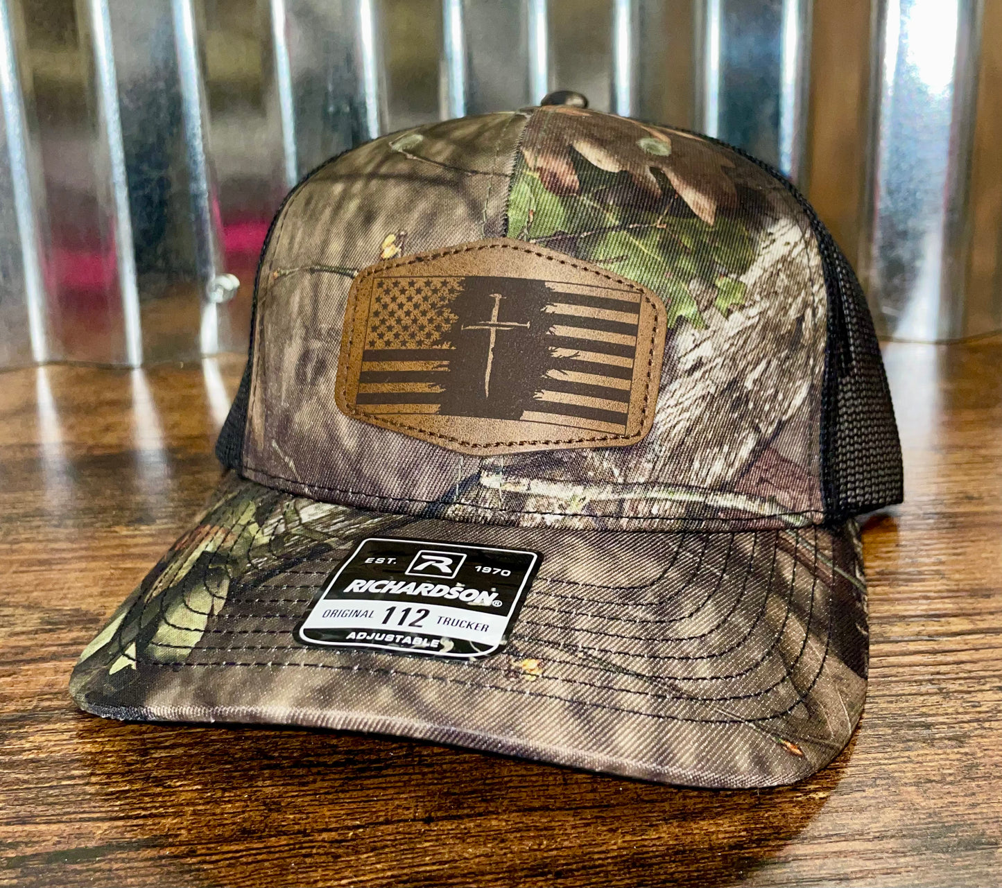 USA Flag and Cross Design Patch Mossy Oak Hat