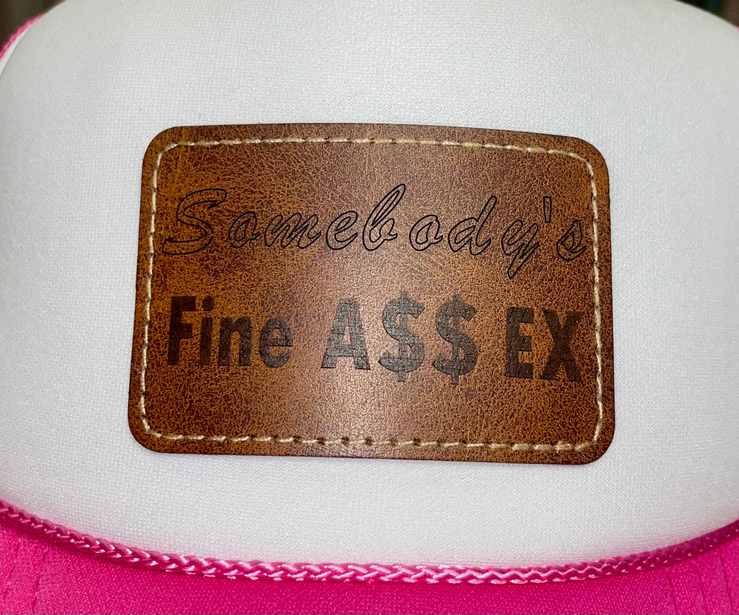 “Somebody’s Fine a$$ Ex” Patch Women’s Trucker Hat Otto (Pink & White)