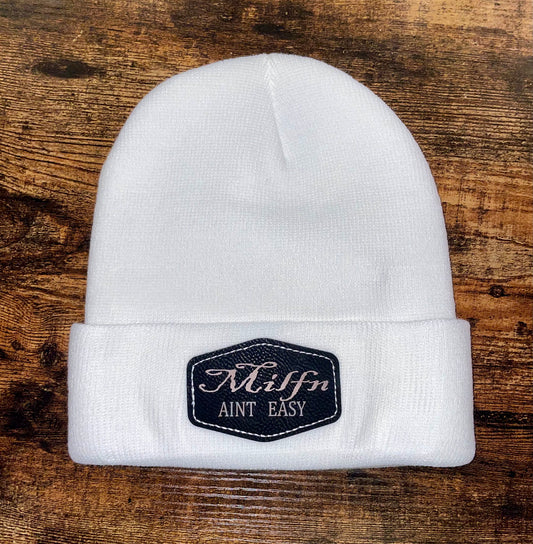 Milfn Ain’t Easy Custom Patch Beanie (White)